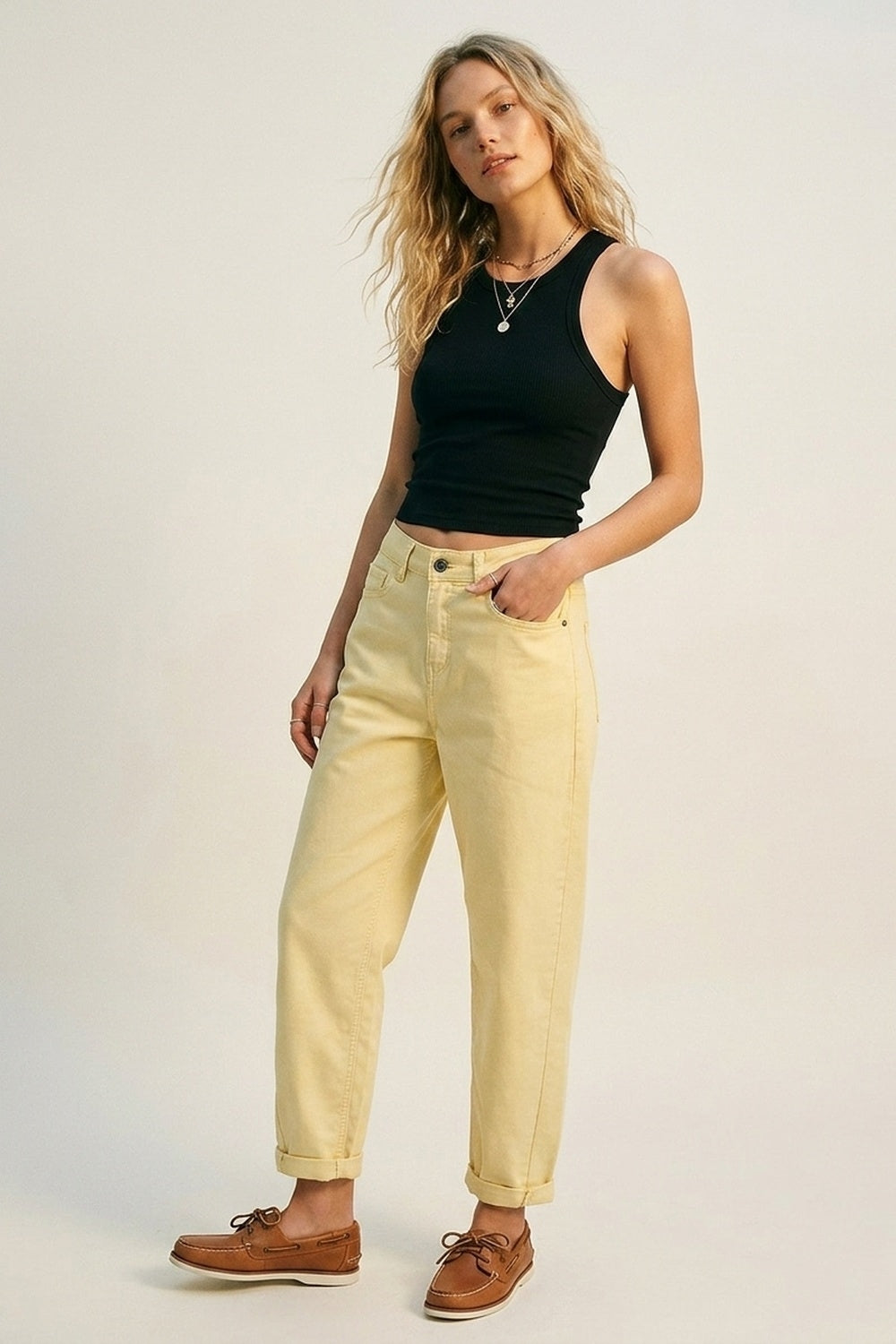 High-Rise Barrel-Leg Pants With Rolled Hem in Yellow - Jeans