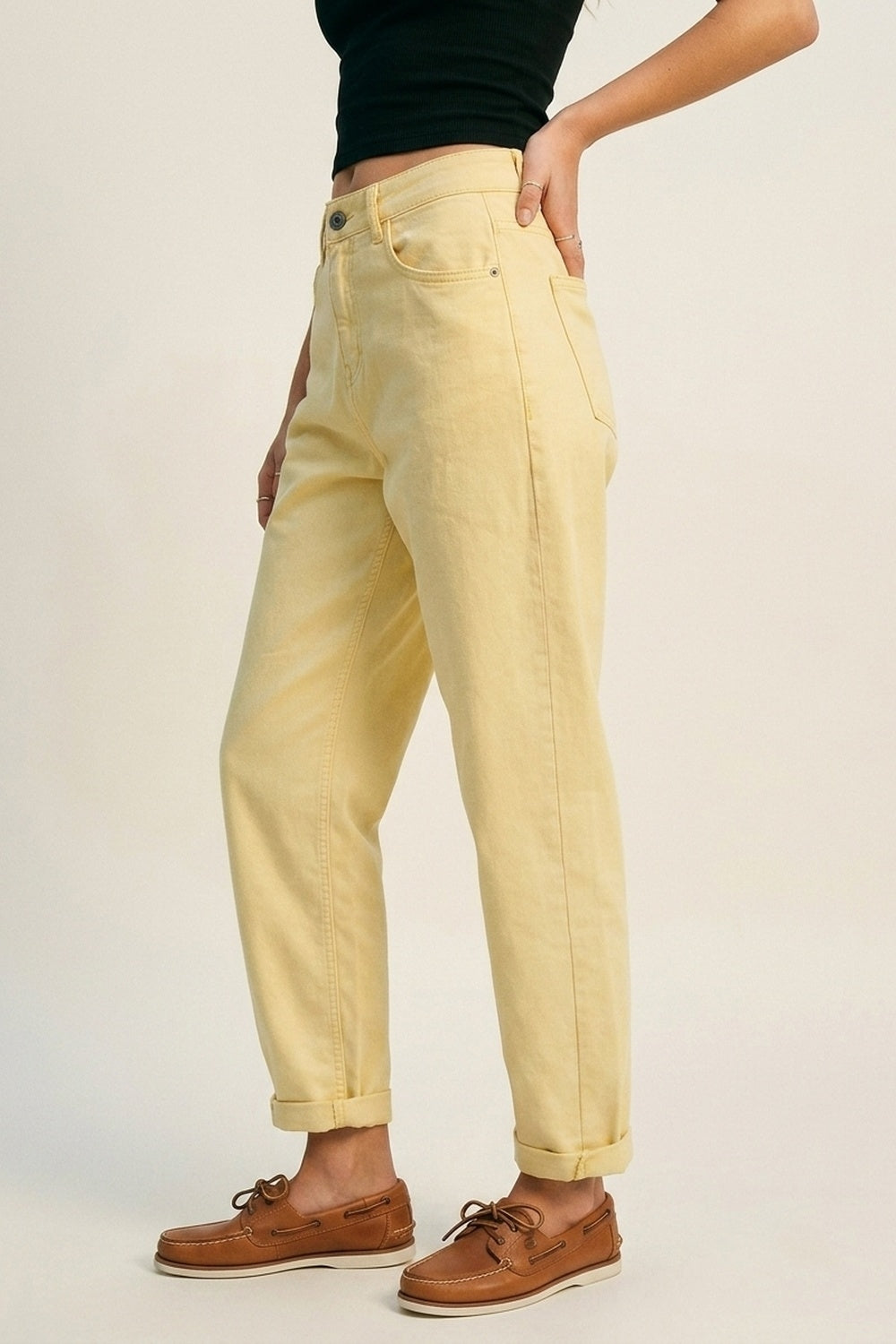 High-Rise Barrel-Leg Pants With Rolled Hem in Yellow - Jeans