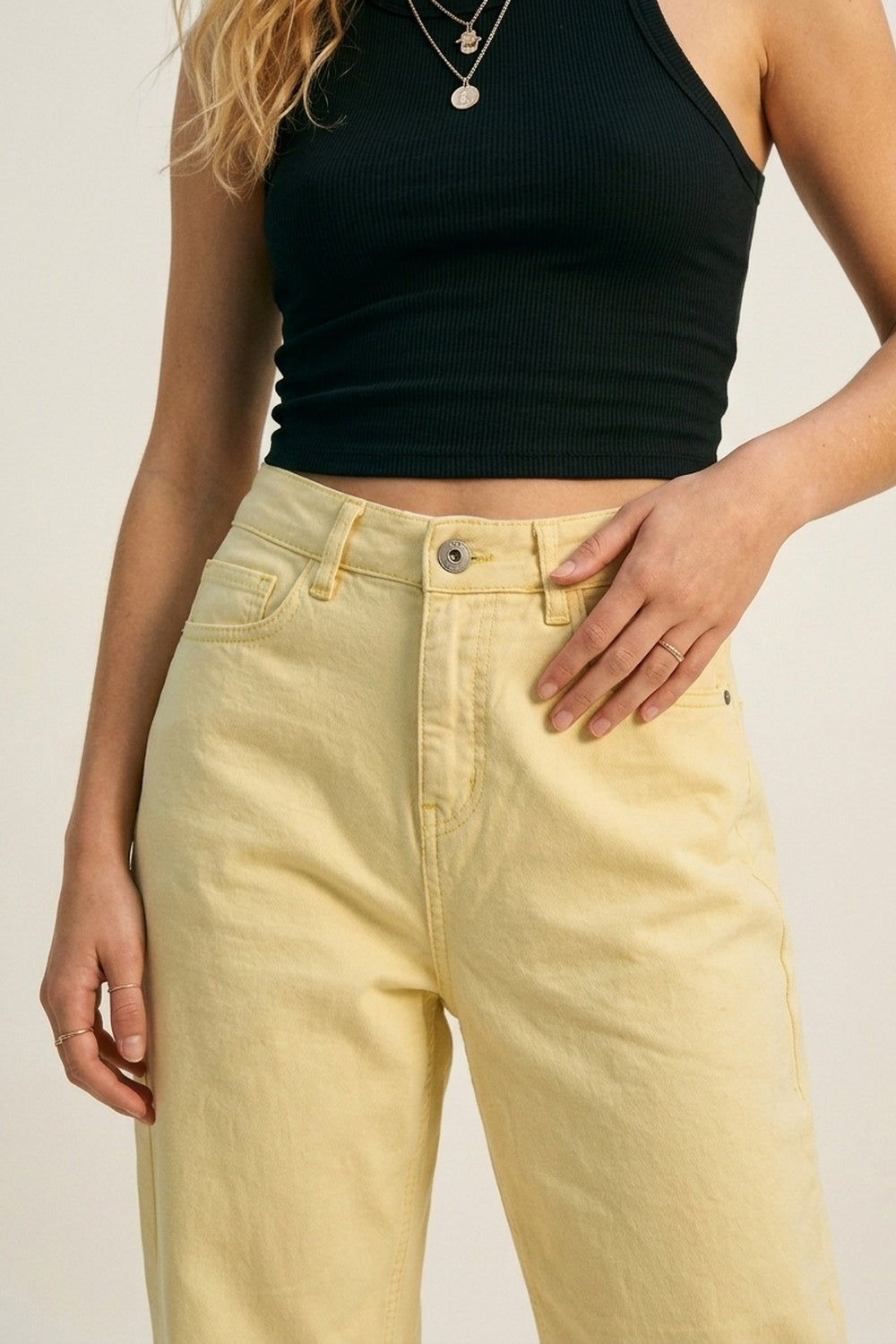 High-Rise Barrel-Leg Pants With Rolled Hem in Yellow - Jeans