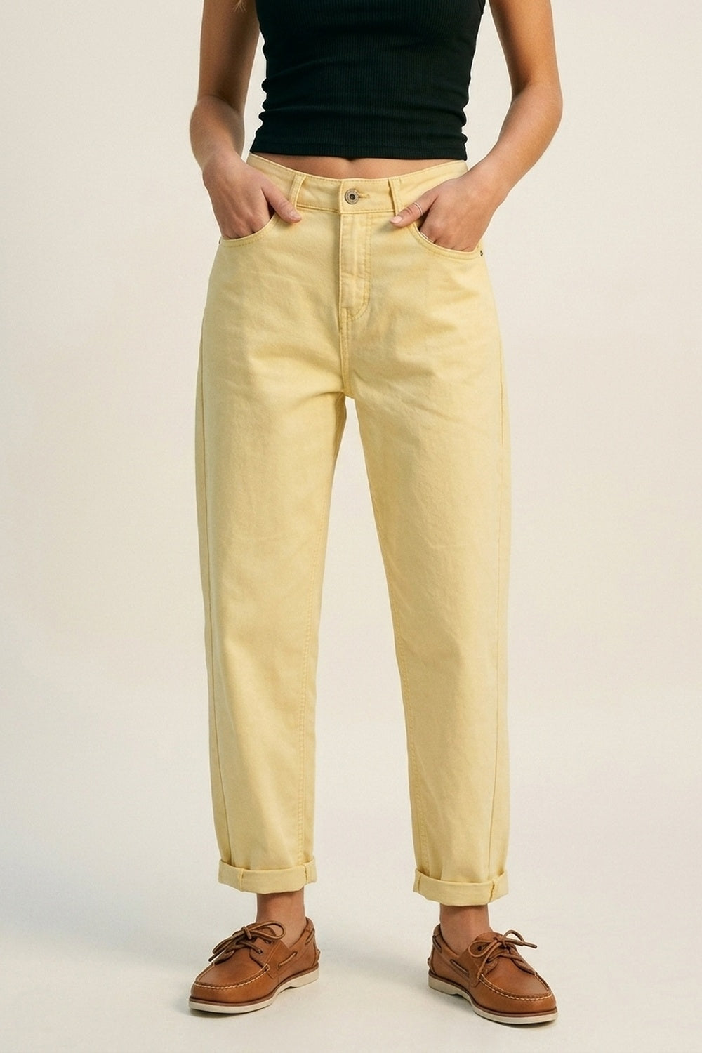 High-Rise Barrel-Leg Pants With Rolled Hem in Yellow - Jeans
