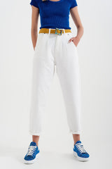 High rise mom jeans with pleat front in white