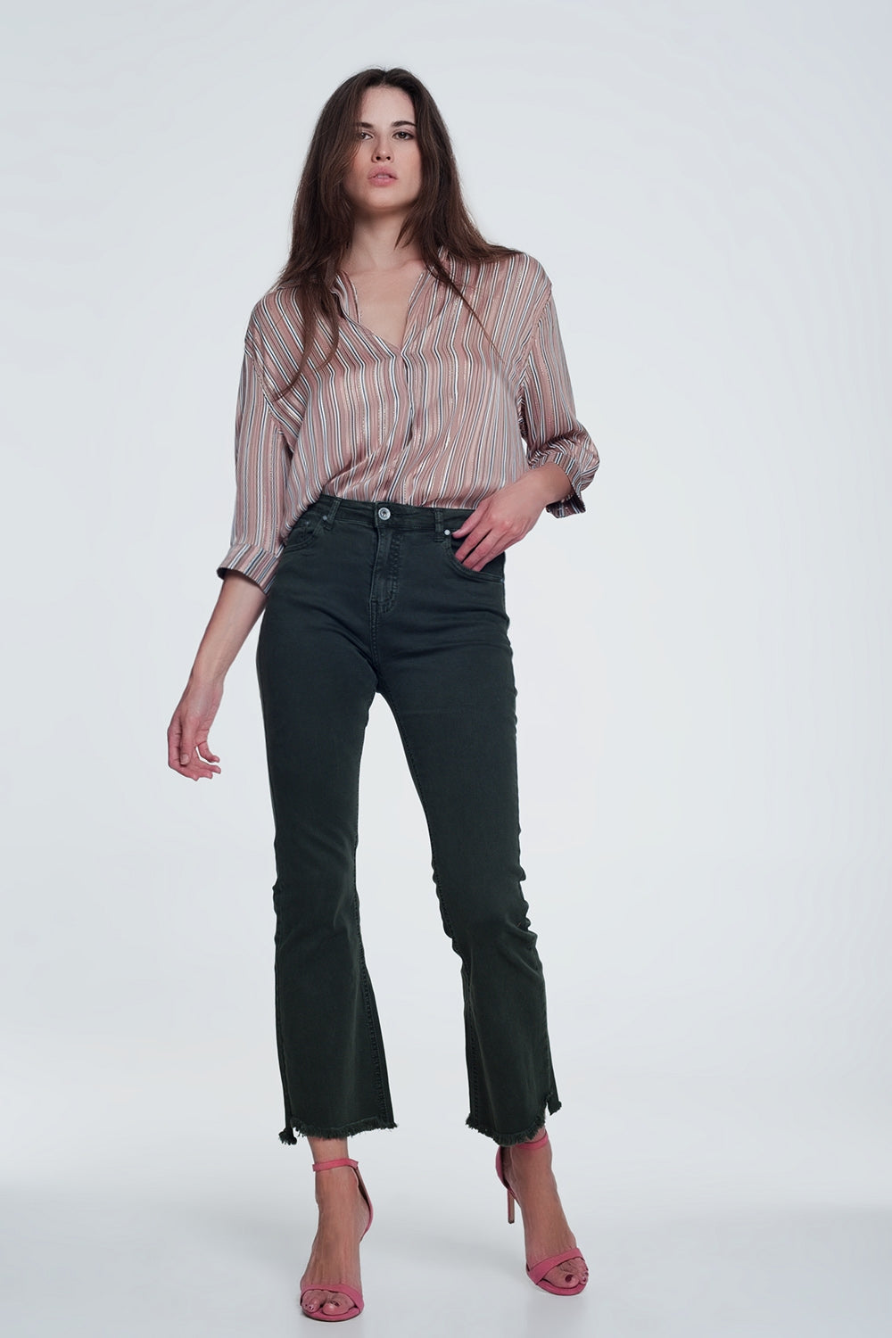 High rise raw hem flared jeans in khaki - Jeans