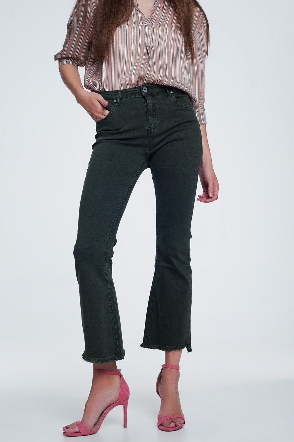 High rise raw hem flared jeans in khaki - Jeans