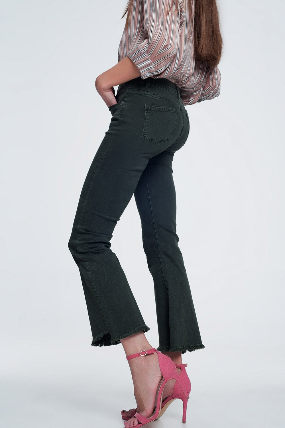 High rise raw hem flared jeans in khaki - Jeans