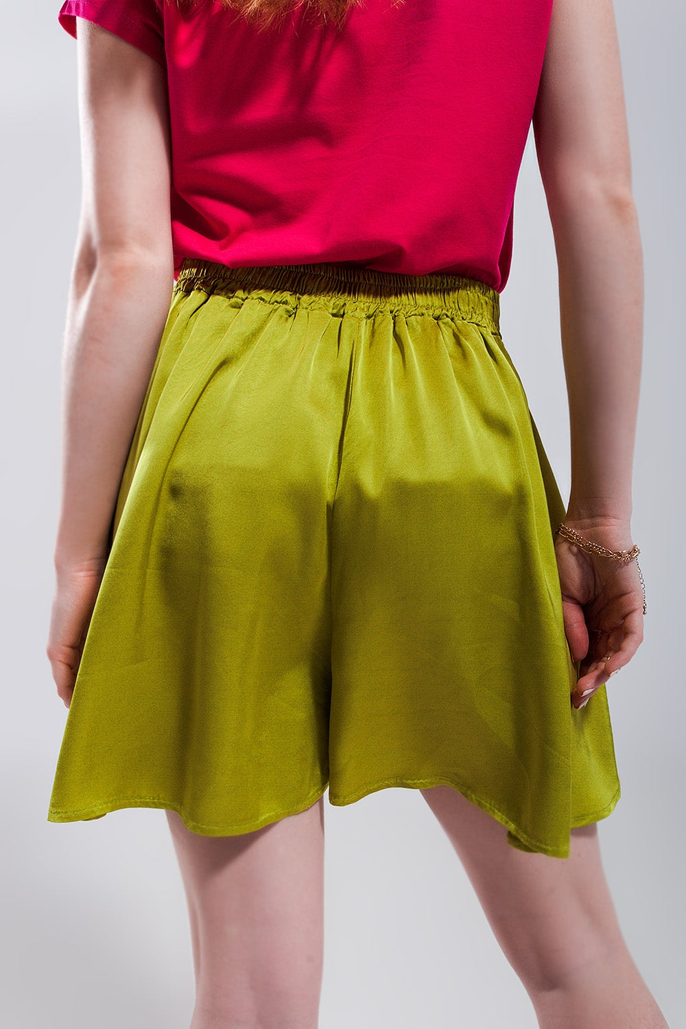 High rise satin shorts in lime green - Trousers