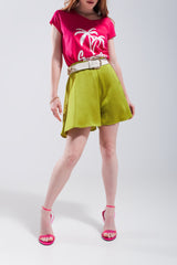 High rise satin shorts in lime green