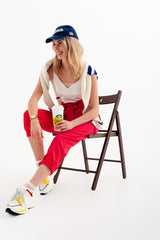 High waist belted paperbag trousers in red