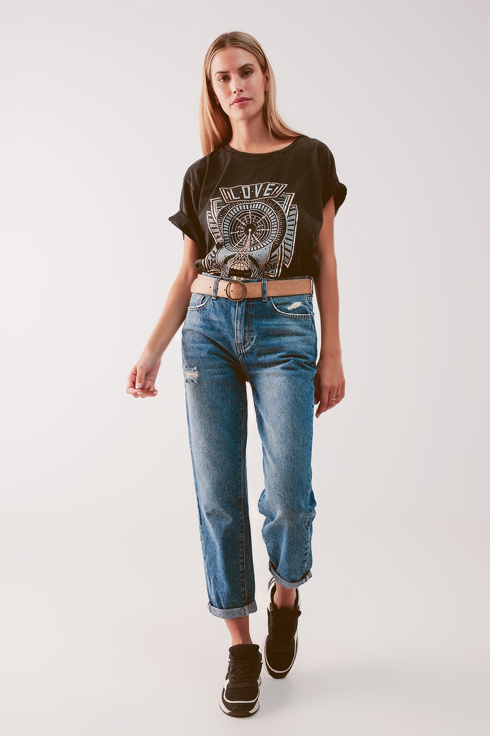 High waist jean with thigh slash in midblue - Jeans