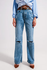 High waist jeans with split hem in vintage wash