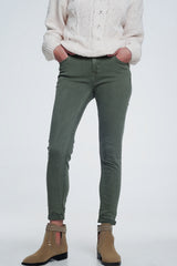High Waist Skinny Jeans in Green with Pockets