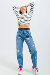 High waist slouch jean with pleat front with star print
