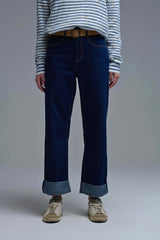 High-Waisted Dark Blue wide leg Jeans with Folded Hems