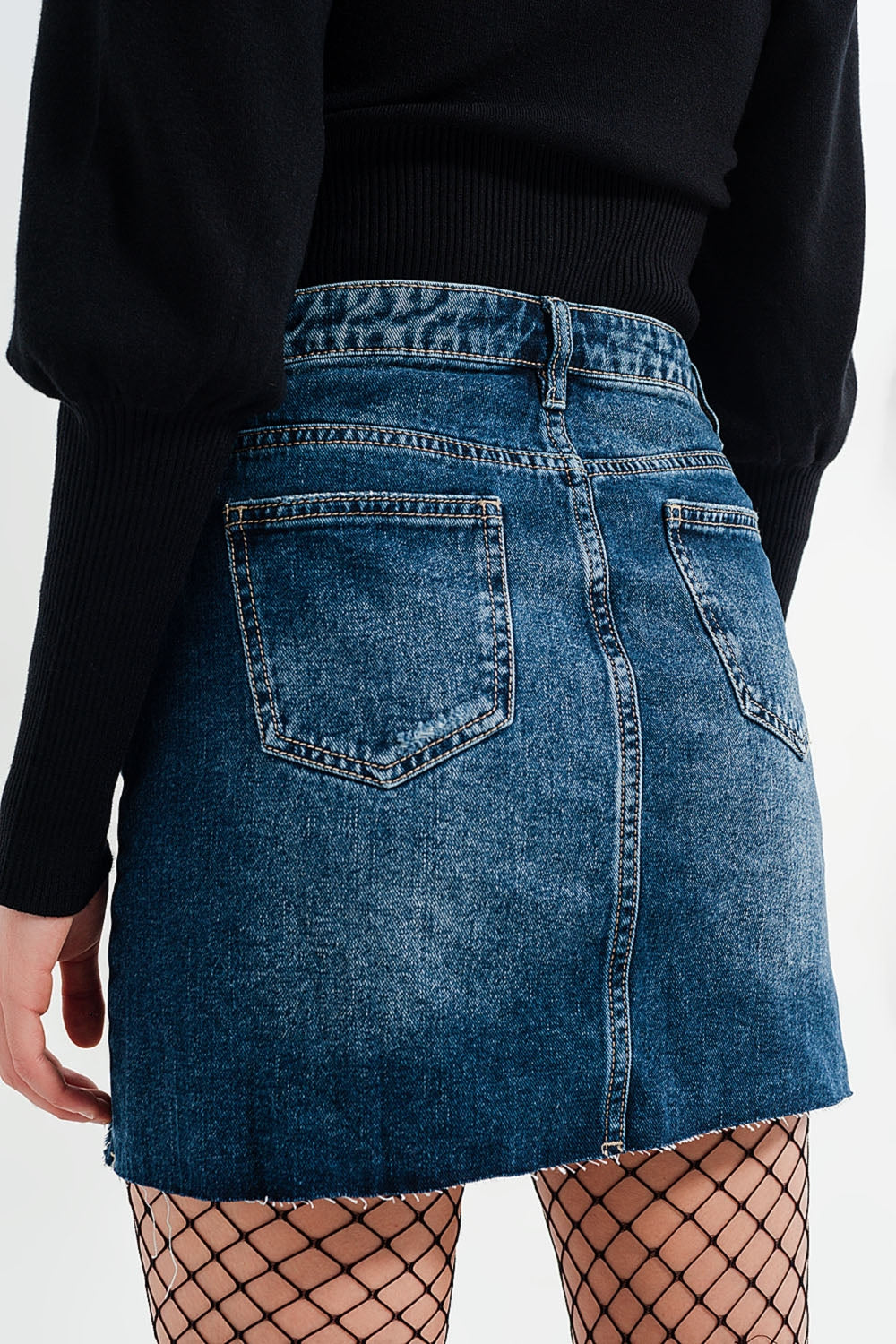 High waisted denim mini skirt with medium washed ripped - Skirts