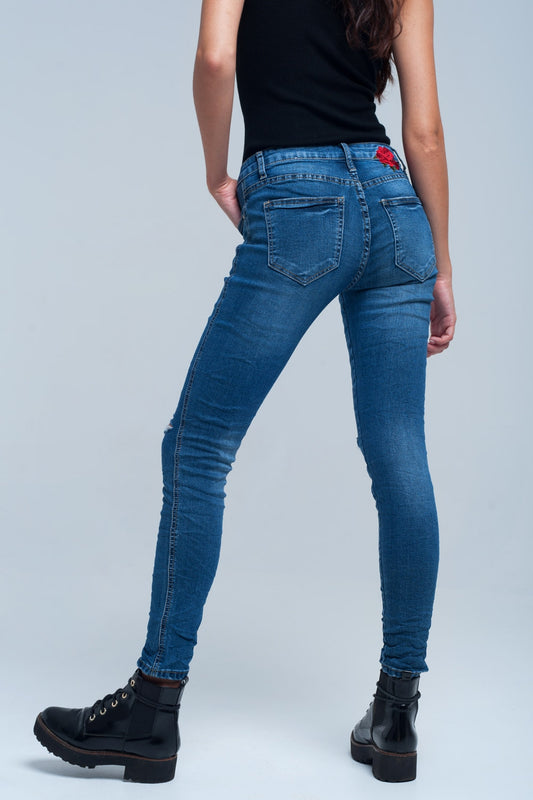 High Waisted Embroidered Skinny Jeans with Rose Detail - Jeans