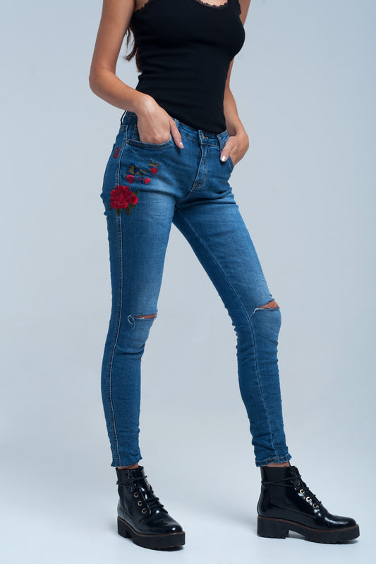 High Waisted Embroidered Skinny Jeans with Rose Detail - Jeans