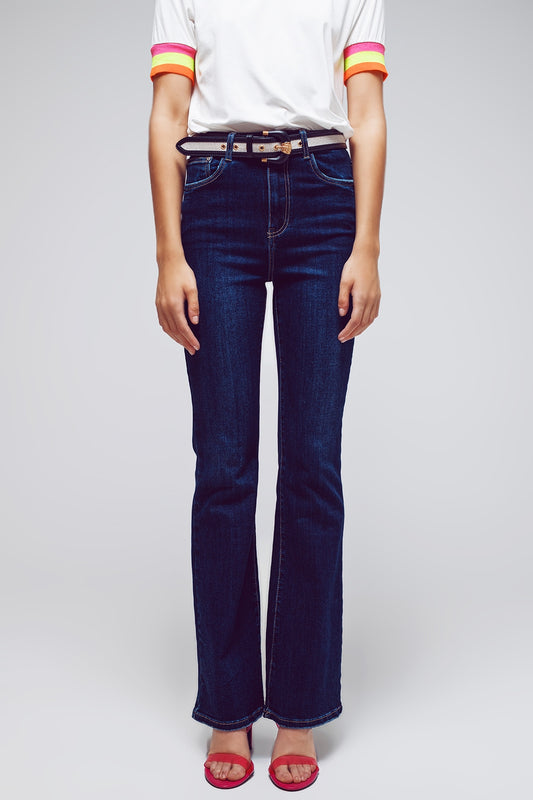 High Waisted Flared Jeans In Dark Wash - Jeans