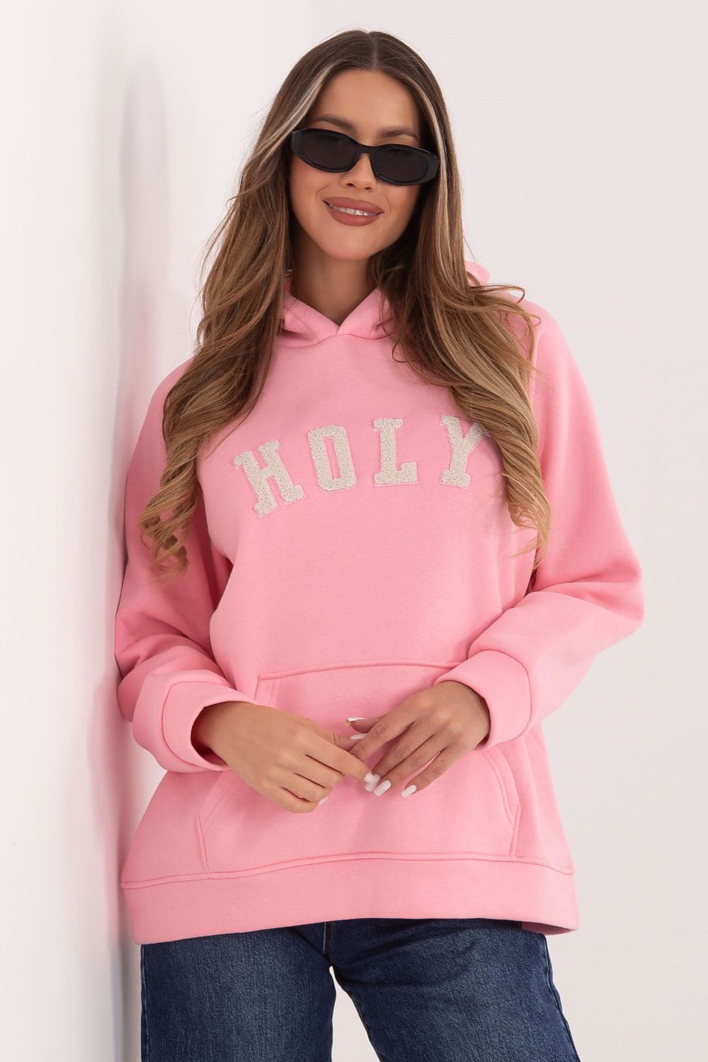 Rue Paris Hooded Sweatshirt with Bold 'HOLY' Print pink one-size-fits-all -