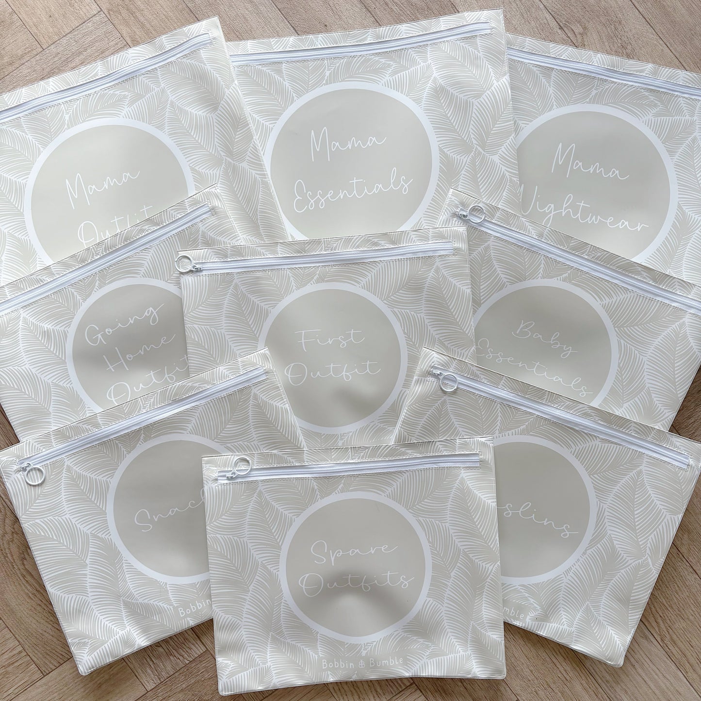Hospital Bag Organiser Pouches - Unisex Beige Leaf Print - Baby & Toddler