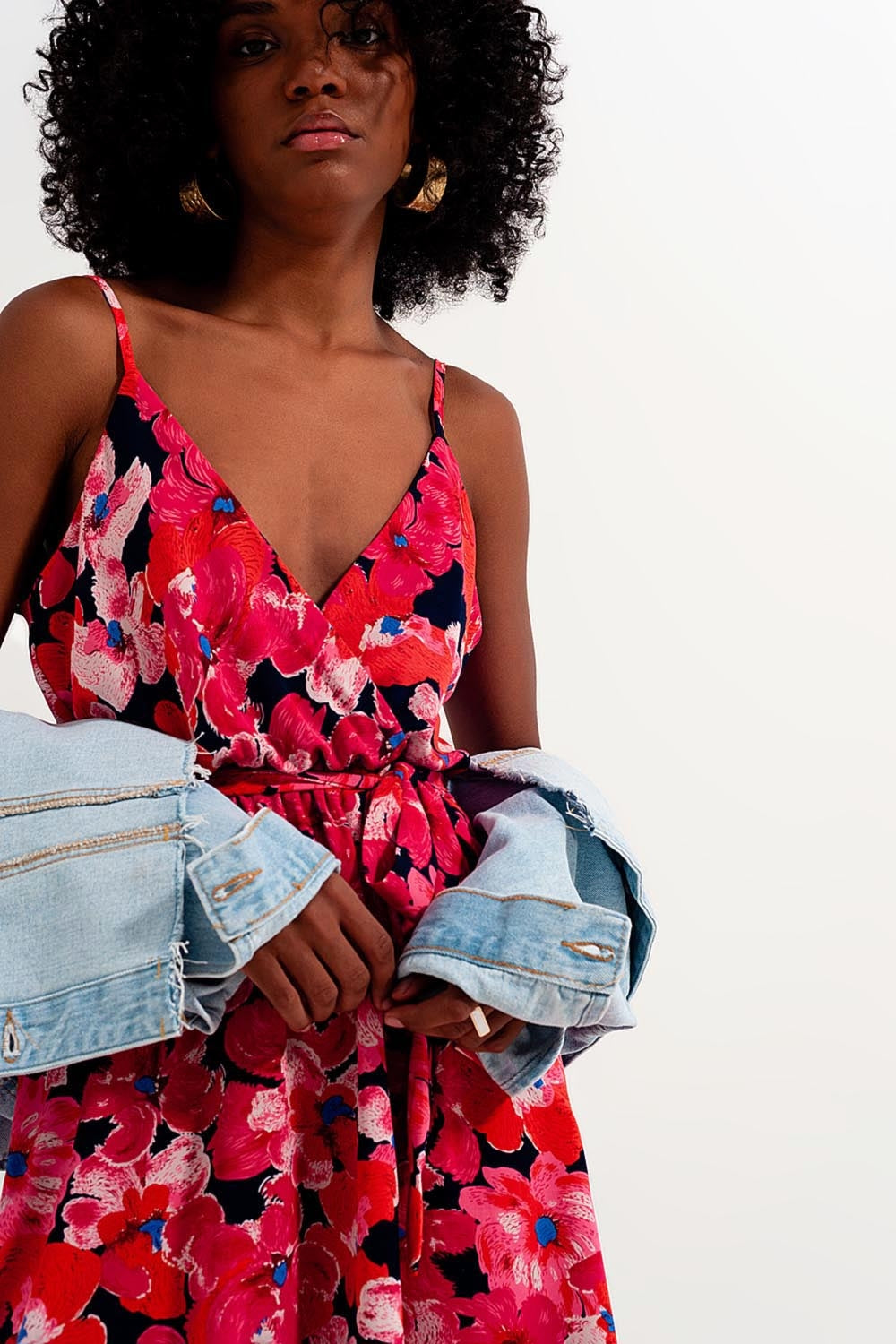 Hot pink short dress with flower print and straps - Dresses