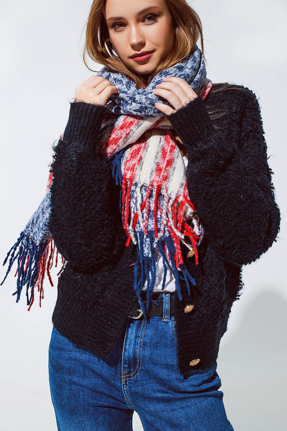 Houndstooth style americana Scarf in White Red and Blue - Scarves