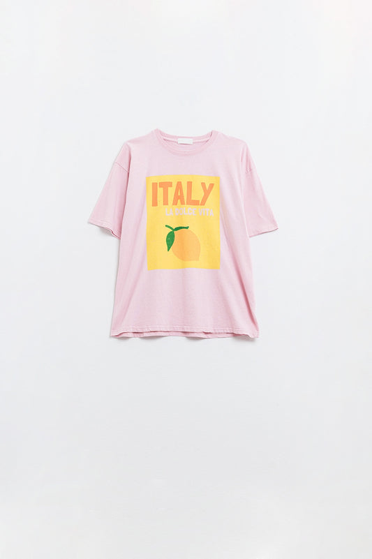 Italy La Dolce Vita Baby Pink T-shirt With Graphic Print - T-Shirts
