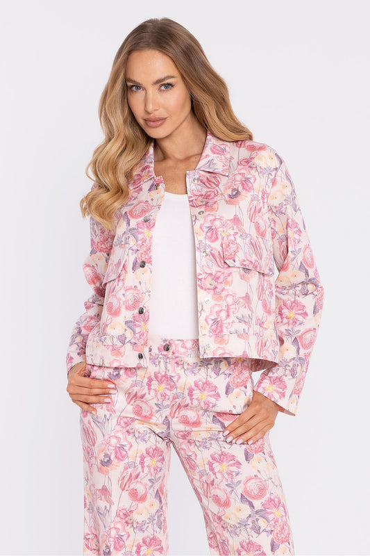 Moe Floral Print Jacket in Pink with a Cropped Design and Button Front Closure