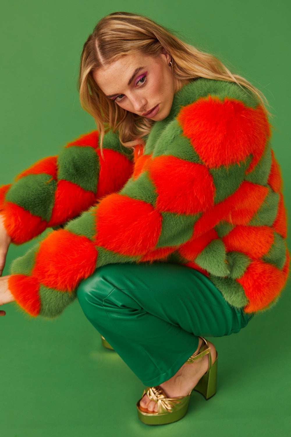 Delilah Green Red Faux Fur Jacket - Faux Fur Jackets