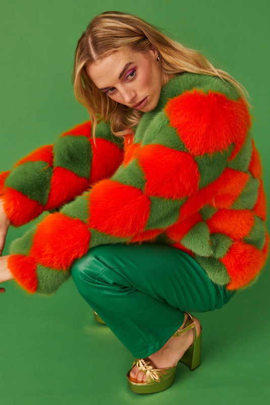 Delilah Green Red Faux Fur Jacket - Faux Fur Jackets