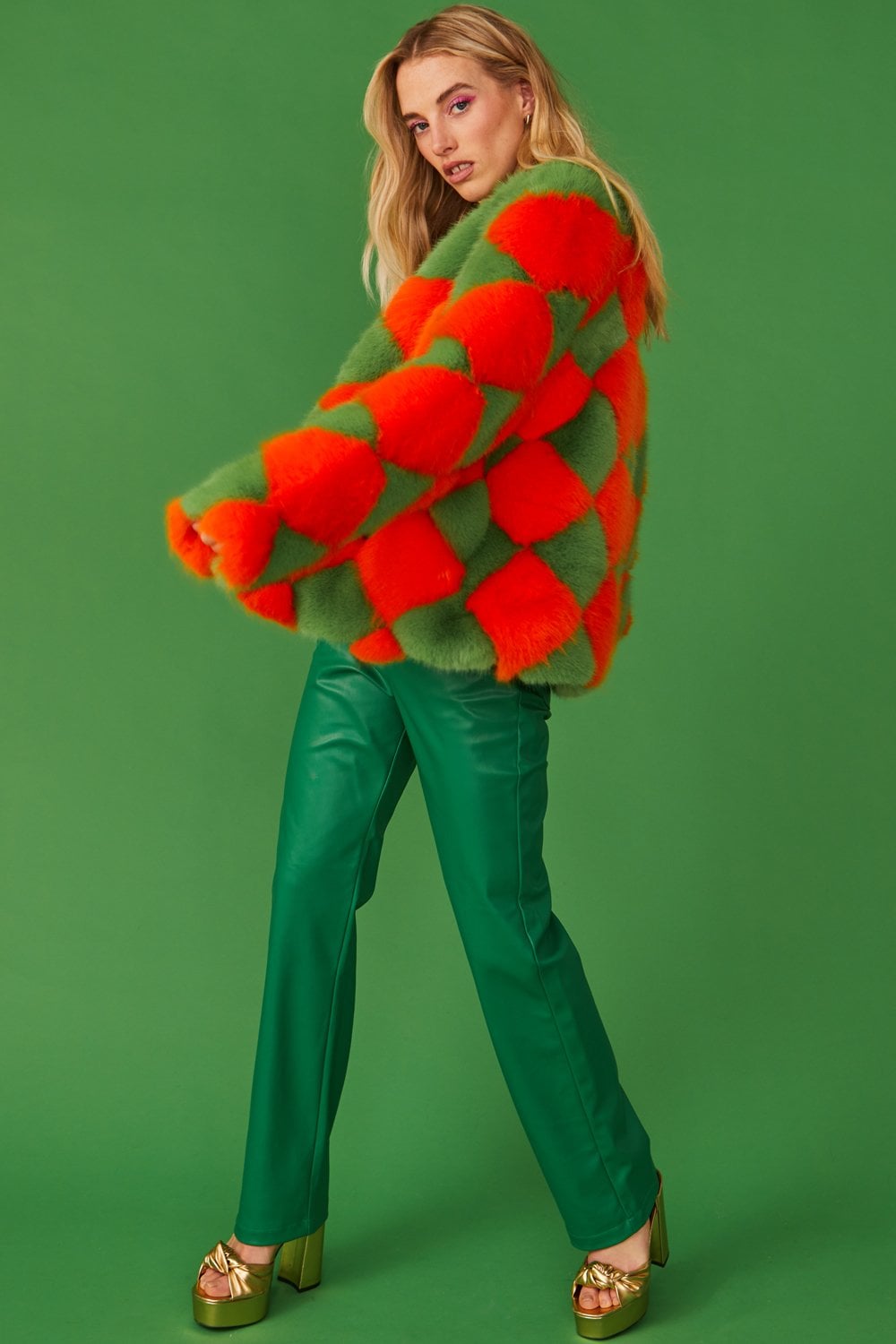 Delilah Green Red Faux Fur Jacket - Faux Fur Jackets
