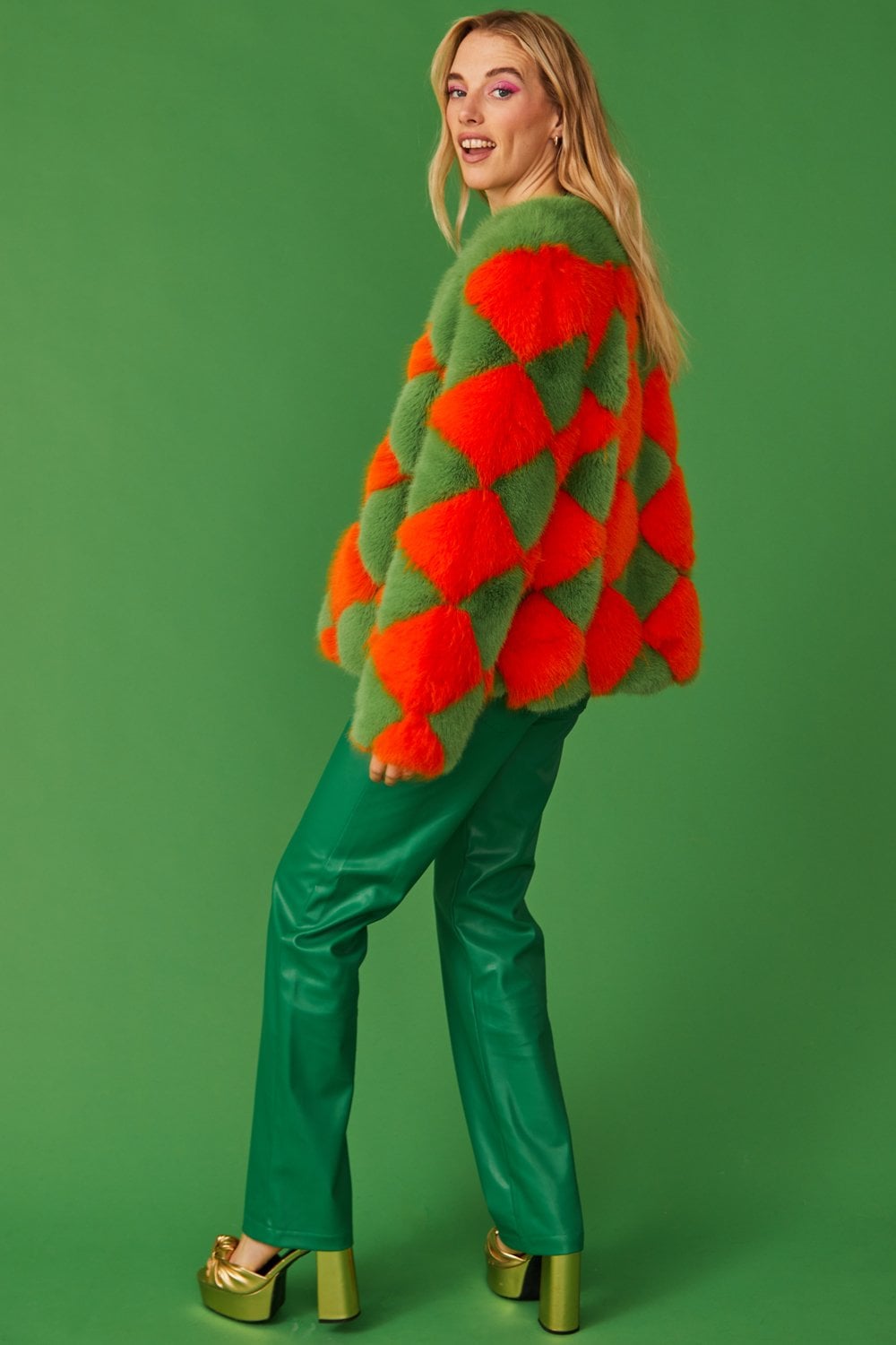 Delilah Green Red Faux Fur Jacket - Faux Fur Jackets