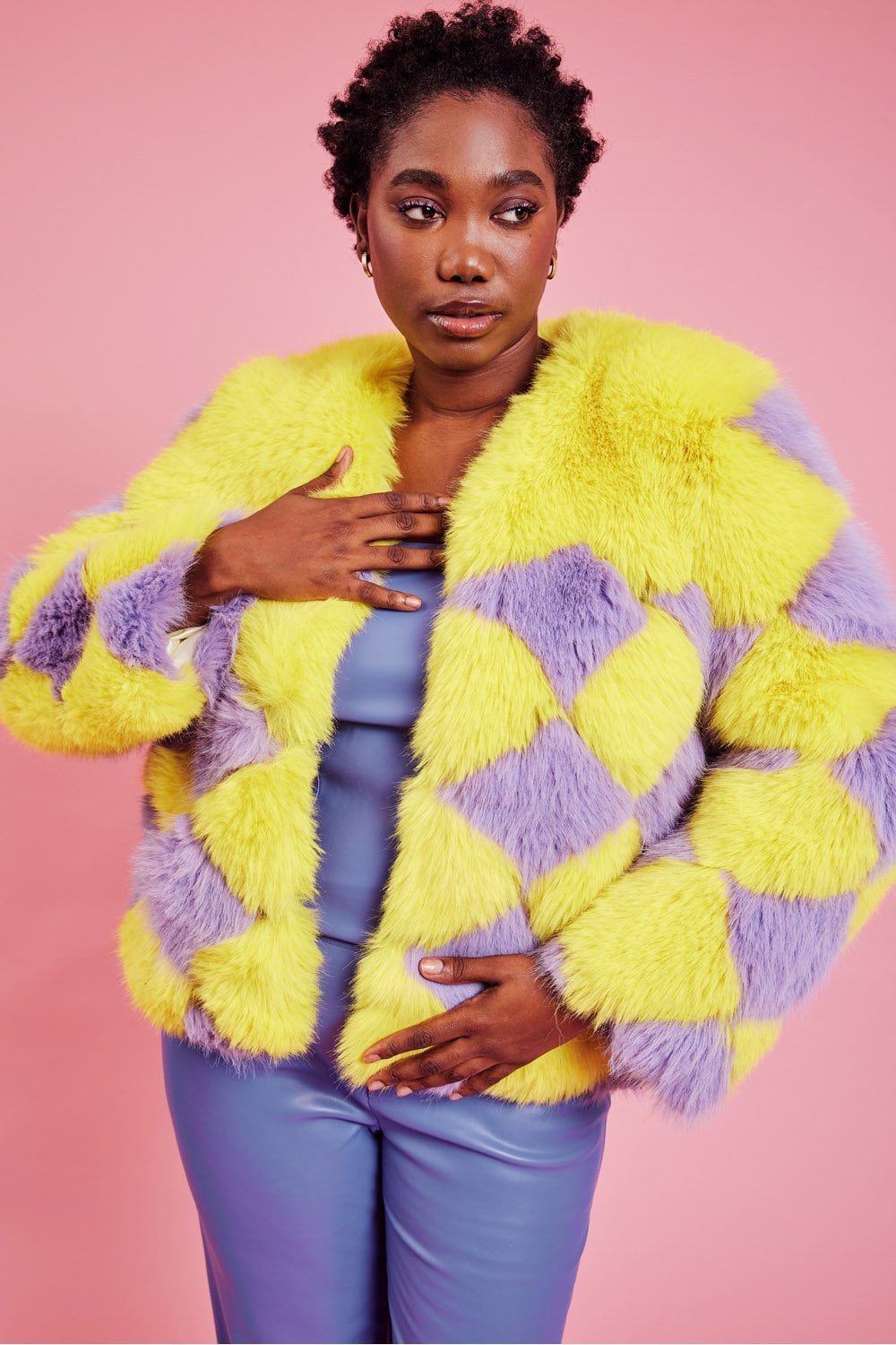 Delilah Yellow Purple Faux Fur Curve Size Jacket Yellow-Purple Curve Acrylic - Modacrylic Blend - Faux Fur Jackets