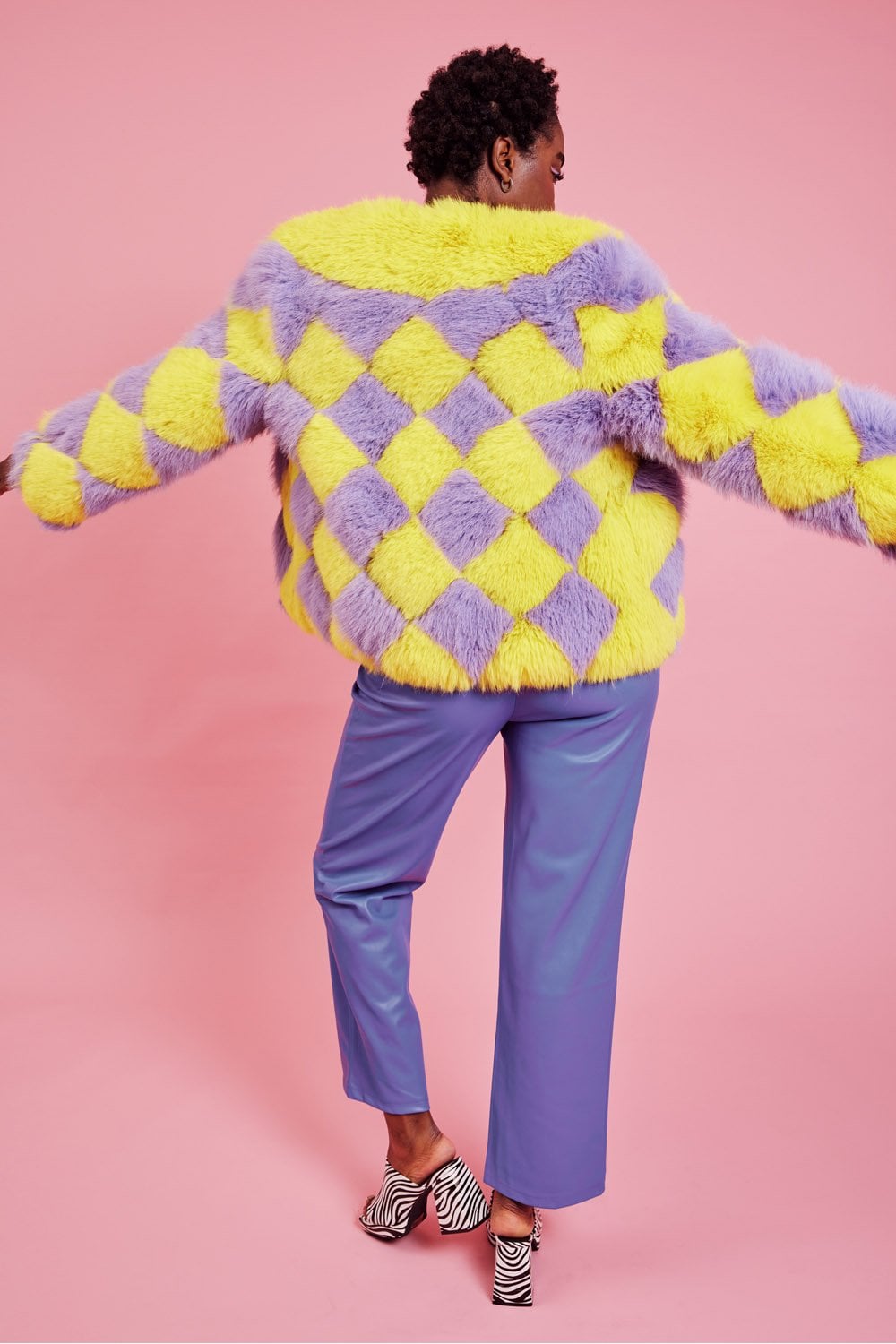 Delilah Yellow Purple Faux Fur Curve Size Jacket - Faux Fur Jackets