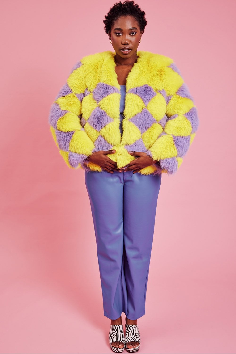 Delilah Yellow Purple Faux Fur Curve Size Jacket - Faux Fur Jackets