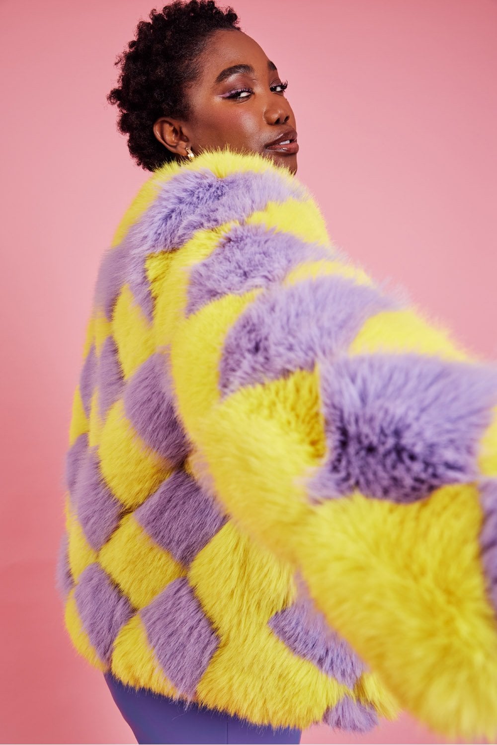 Delilah Yellow Purple Faux Fur Curve Size Jacket - Faux Fur Jackets