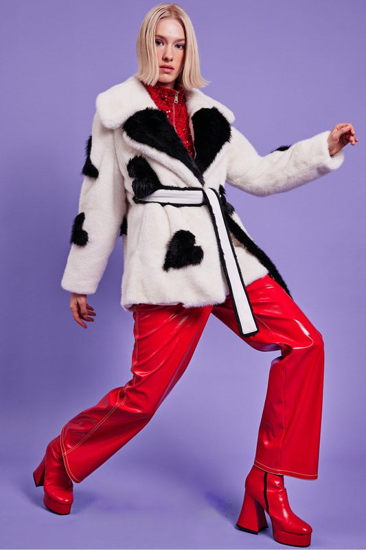 White Eco Bamboo Faux Fur Coat with Love Heart Detailing White Faux Fur - Faux Fur Coats