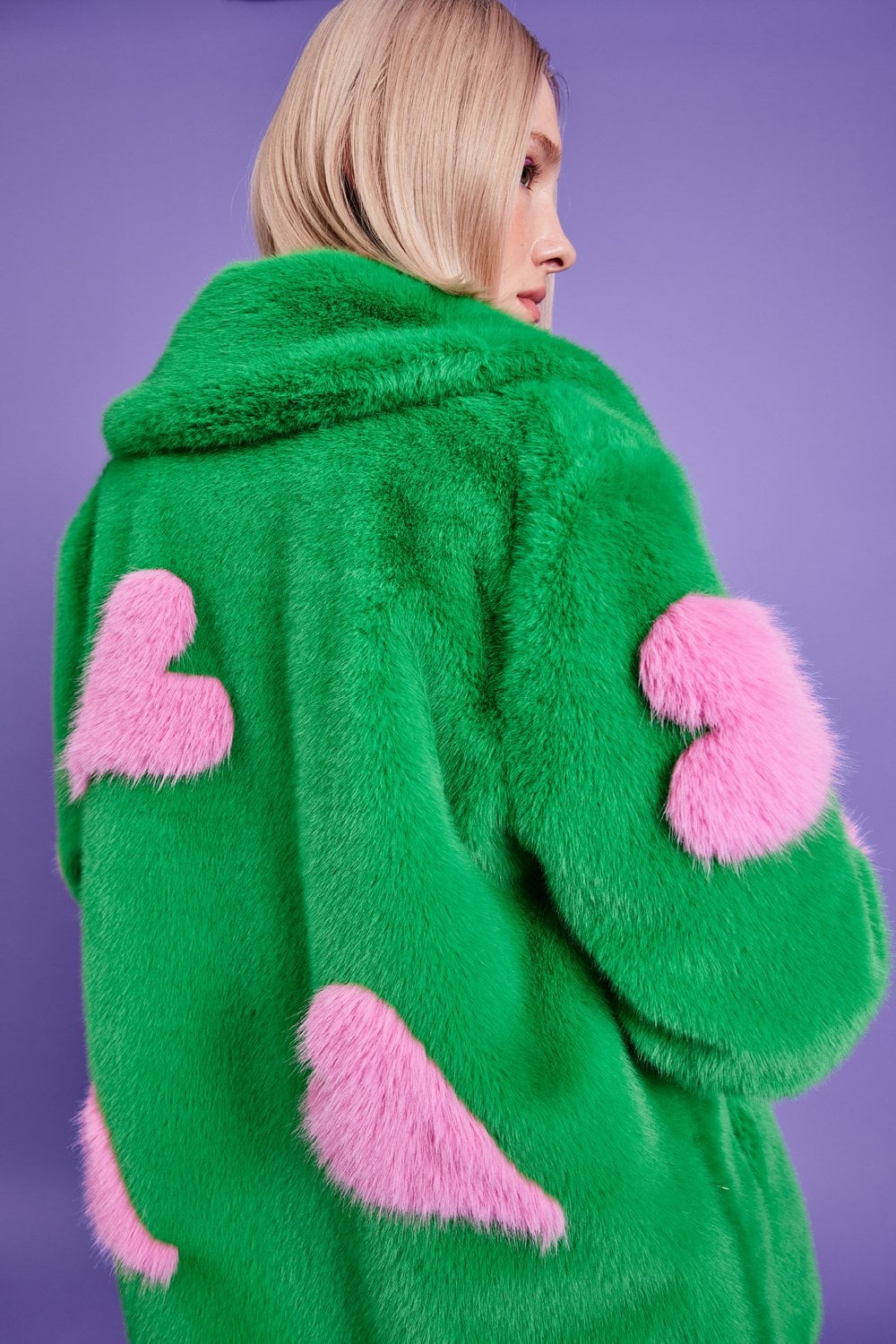 Green Eco Bamboo Faux Fur Coat with Love Heart Detailing - Faux Fur Coats
