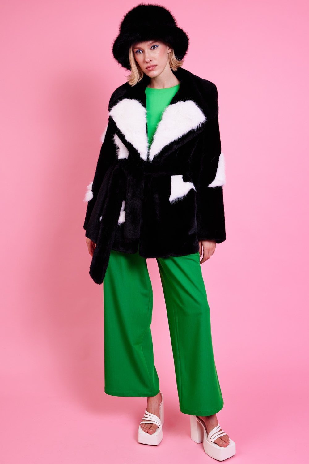 Black Eco Bamboo Faux Fur Coat with Love Heart Detailing - Faux Fur Coats