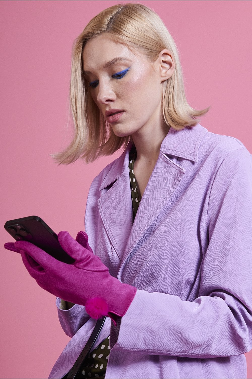 Pink Faux Suede Gloves With Faux Fur Pom - Gloves