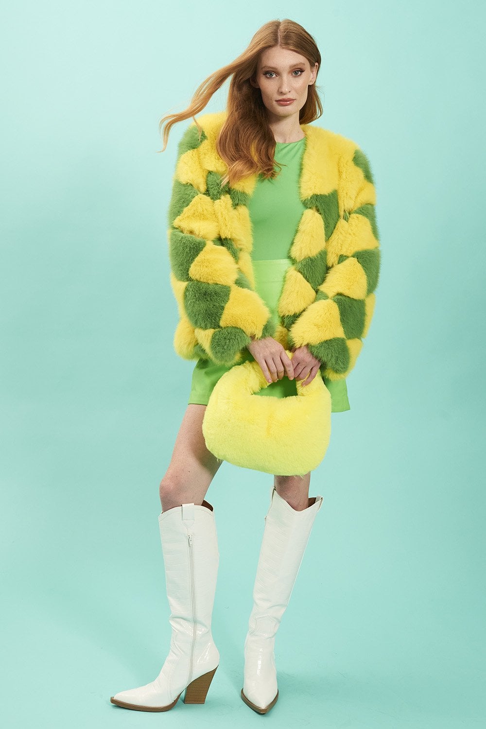 Delilah Yellow Green Faux Fur Jacket Yellow-Green Acrylic - Modacrylic Blend - Faux Fur Jackets