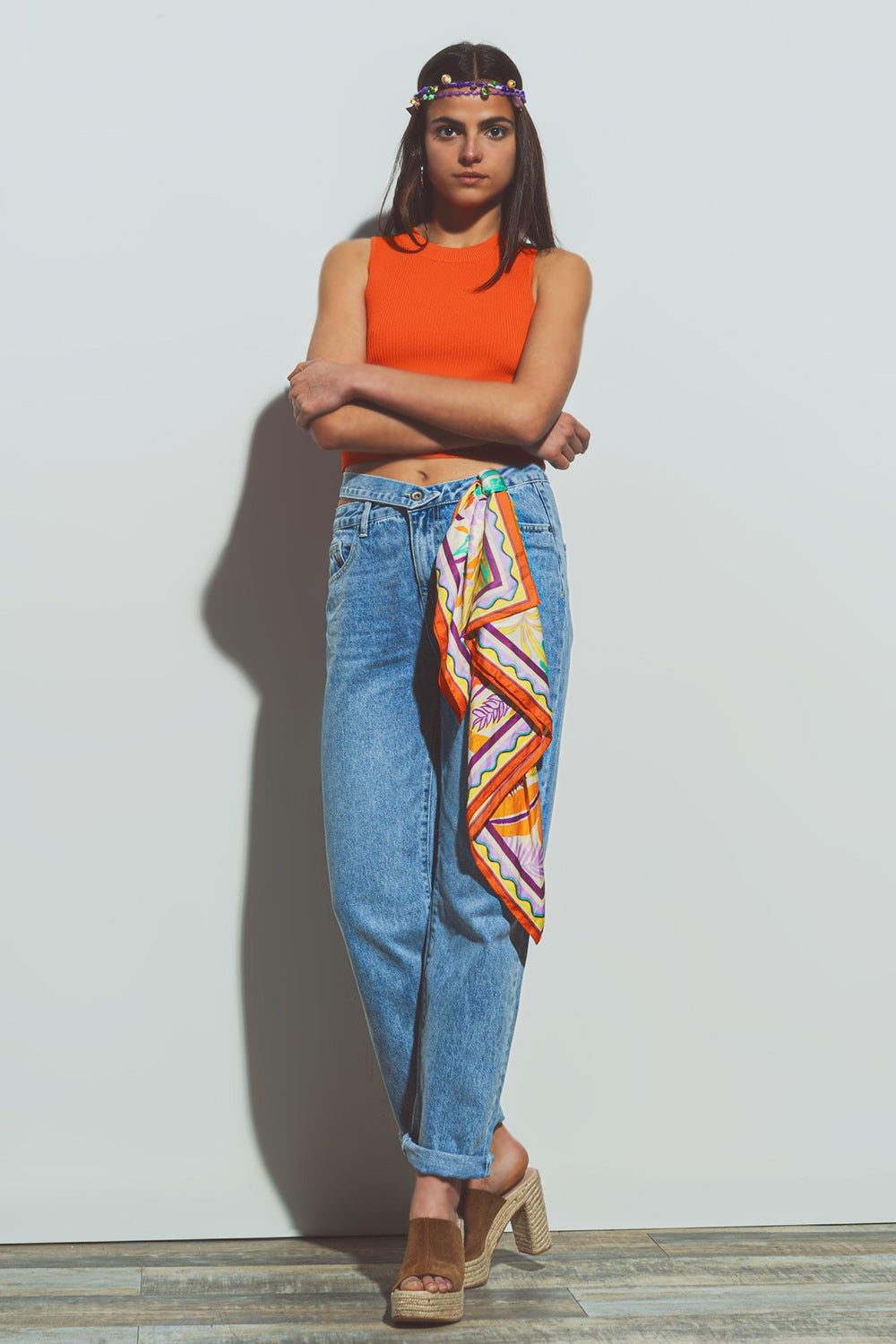 Jeans with Belt Detail in Med Wash - Jeans