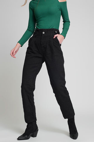 Jeans with paper bag waist and button details in black