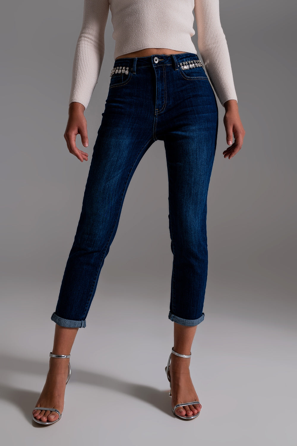Jeans With strass Fringe At Pockets In Dark Wash - Jeans