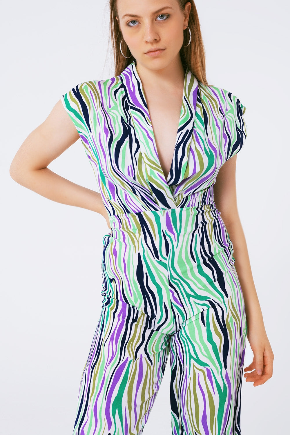 Jumpsuit With Smoking Collard in Multicolored Abstract Print - Dresses