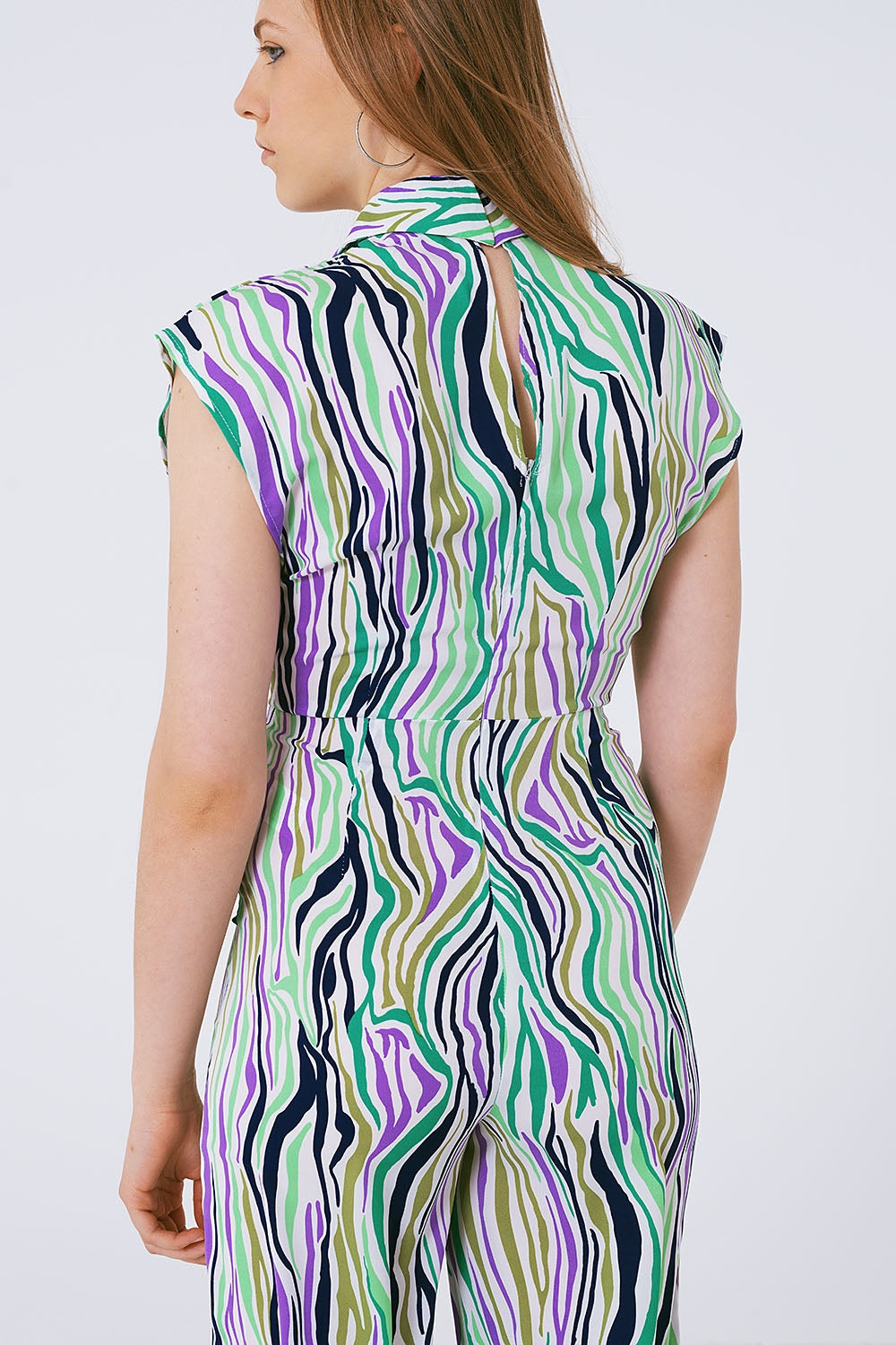 Jumpsuit With Smoking Collard in Multicolored Abstract Print - Dresses