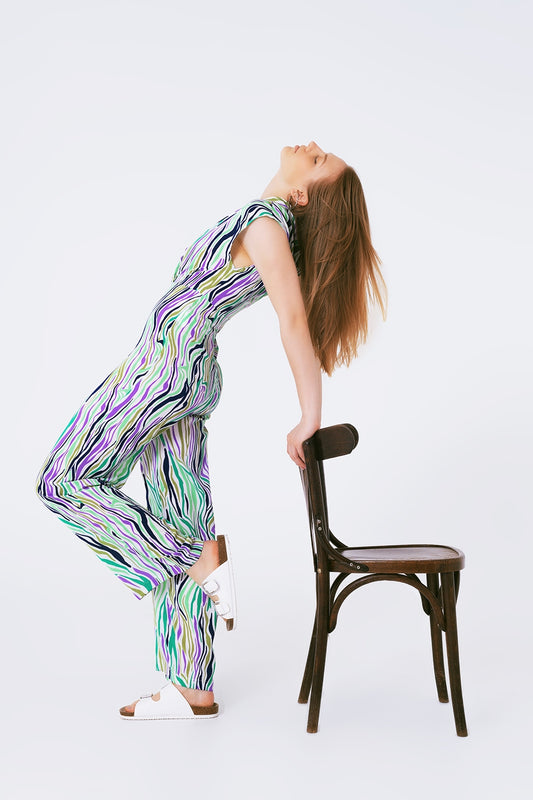 Jumpsuit With Smoking Collard in Multicolored Abstract Print - Dresses