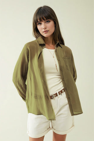 Kahki chiffon shirt with long sleeves and one chest pocket