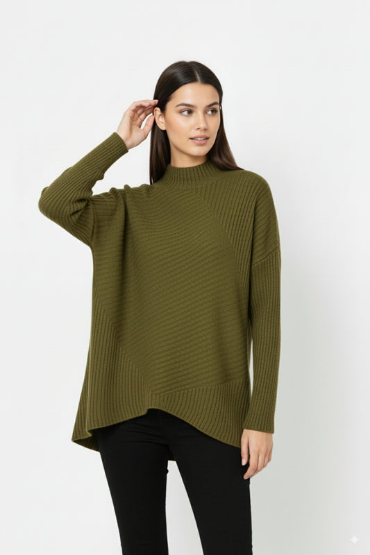 Khaki Asymmetric Ribbed Knit Sweater Tunic -
