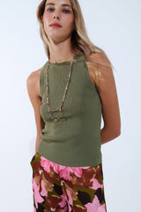Khaki Boat Neck Comfy Ribbed Top