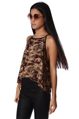 Khaki camo print dip hem top
