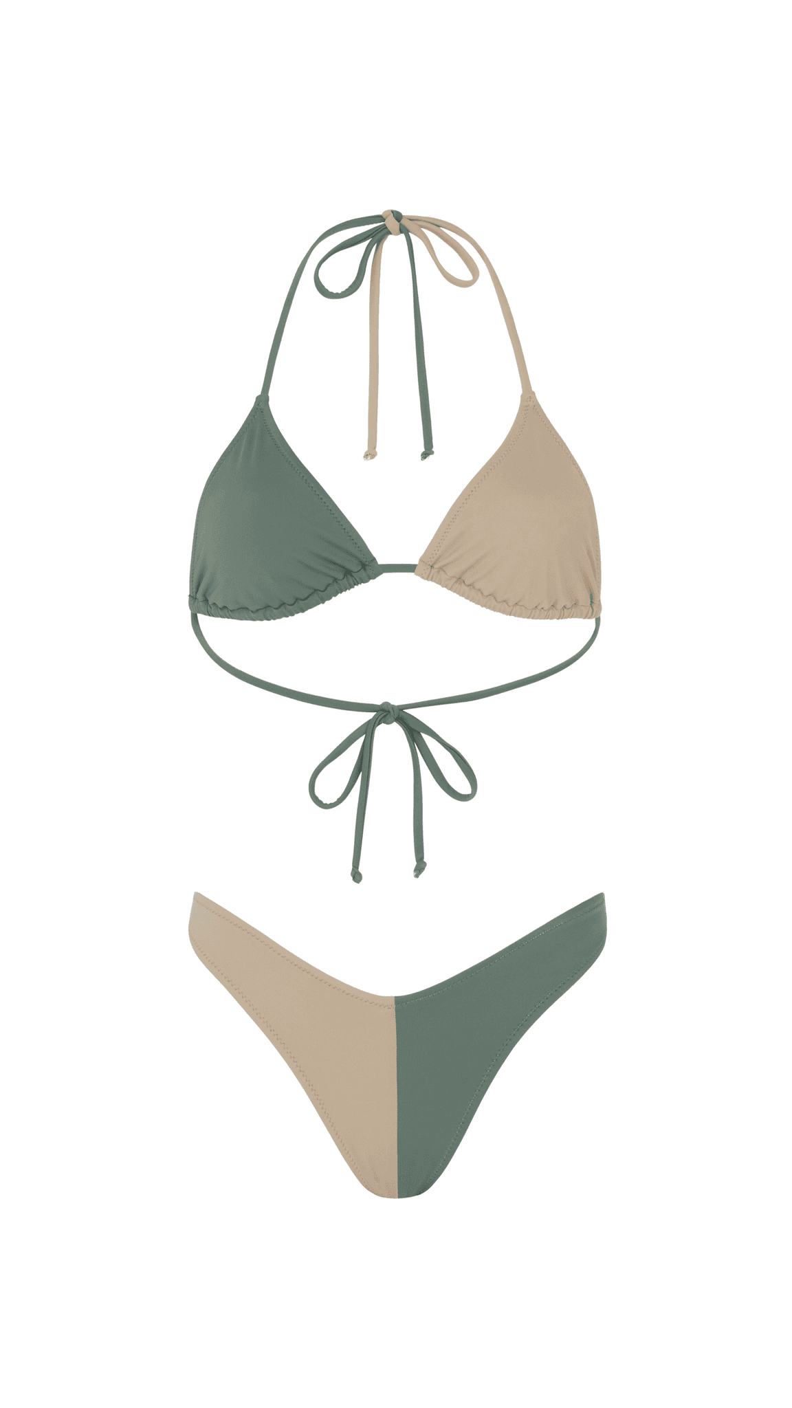 Khaki colour duo bikini top with adjustable straps and a stylish two-tone design for beachwear